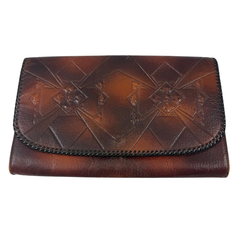Art Deco Tooled Leather Clutch with Wrist Strap Steerhide Cameo Quality Vintage
